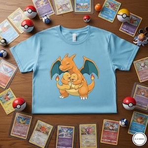 May include: A light blue t-shirt featuring a cartoon illustration of a Charizard embracing two Charmander. The image is surrounded by Pokemon trading cards and Poke Balls, creating a playful and nostalgic theme.
