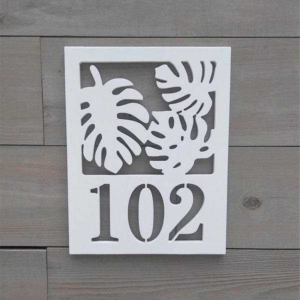 White Weatherproof PVC Tropical Leaf Beach House Number Sign - Address Marker - Coastal Beach House - Outdoor Home Decor