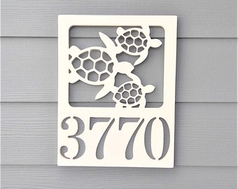 Custom White PVC Weatherproof Sea Turtle Beach House Number Sign - Address Marker - Coastal Beach House - Outdoor Home Decor