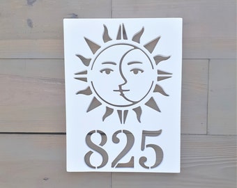 Custom White PVC Weatherproof Sun Moon House Number Sign - Personalized Address Marker - Outdoor Curb Appeal Home Decor