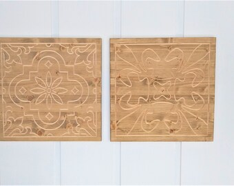 Set of 2 Engraved Wood Medallion Wall Art / Coastal Moroccan Boho French Farmhouse Beach Home House Decor
