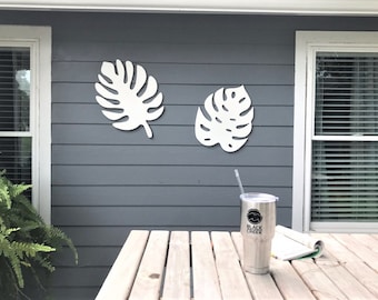 Set of 2 Large Weatherproof Outdoor Indoor Tropical Leaf Wall Art / White PVC Coastal Beach House Home Patio Decor