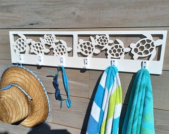 6 Hook Weatherproof PVC Sea Turtle Cutout Indoor / Outdoor Hat Towel Suit Pool Shower Rack / Coastal Beach Hooks Home House Bath Decor