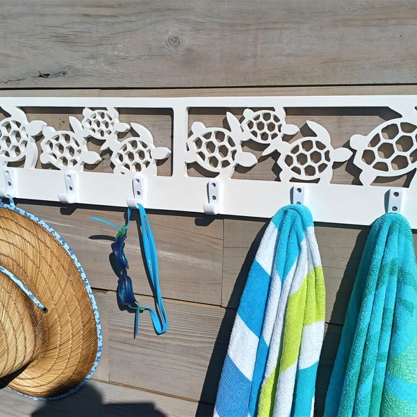 6 Hook Weatherproof PVC Sea Turtle Cutout Indoor / Outdoor Hat Towel Suit Pool Shower Rack / Coastal Beach Hooks Home House Bath Decor