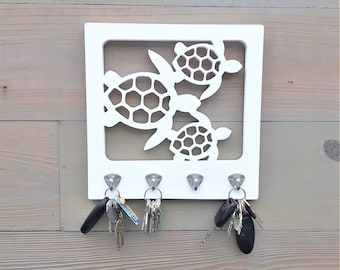 White PVC Weatherproof Indoor Outdoor Sea Turtle Mask Storage / Key Holder / Goggles Rack Coastal Camper Home Decor Beach House Organization