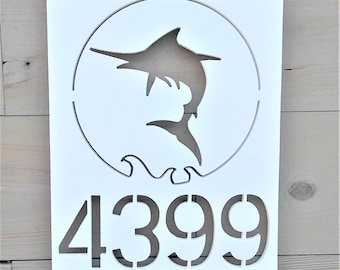 Custom White Marlin PVC Weatherproof Beach Nautical House Number Sign - Personalized Address Marker - Coastal Outdoor Home Decor