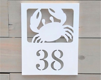 Custom White Crab Weatherproof PVC  House Number Sign - Coastal Address Marker - Beach House - Outdoor Home Decor