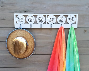 6 Hook Weatherproof PVC Sand Dollar Indoor / Outdoor Hat Towel Suit Pool Shower Rack / Coastal Beach Hooks Home House Bath Decor