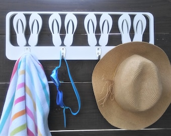 4 Hook Weatherproof PVC Flip Flop Cutout Hat Towel Suit Pool Outdoor Shower Rack / Coastal Beach Hooks Home House Bath Decor