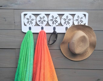 Weatherproof PVC Sand Dollar Hat Towel Suit Pool Indoor Outdoor Shower Rack / Coastal Beach Hooks Home House Bath Entry Decor