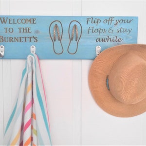 Engraved Personalized Solid Wood Indoor Flip Flop Hat Towel Coat Rack / Coastal Beach Hooks Home House Bath Entry Laundry Decor Shower image 1