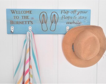 Engraved Personalized Solid Wood Indoor Flip Flop Hat Towel Coat Rack / Coastal Beach Hooks Home House Bath Entry Laundry Decor Shower