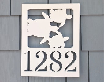 Custom White PVC Weatherproof Sea Turtle Beach House Number Sign - Address Marker - Coastal Beach House - Outdoor Home Decor