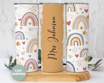 Personalized Rainbow Teacher Tumbler Graduation Gift Custom End of Year Teacher Appreciation Gift Teacher Coffee Cup to Go Gift for Teacher