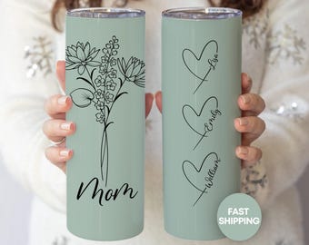 Personalized Birth Flower Mom Tumbler Custom Floral Mom Tumbler with Childrens Names for Mom Gift  for Mothers Day Tumbler for Mom Cup to Go