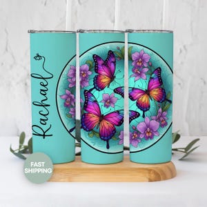 Personalized Butterfly Tumbler, Custom Name Floral Butterfly Stained Glass Tumbler Gifts for Butterfly Lover Travel Mug with Butterflies Cup