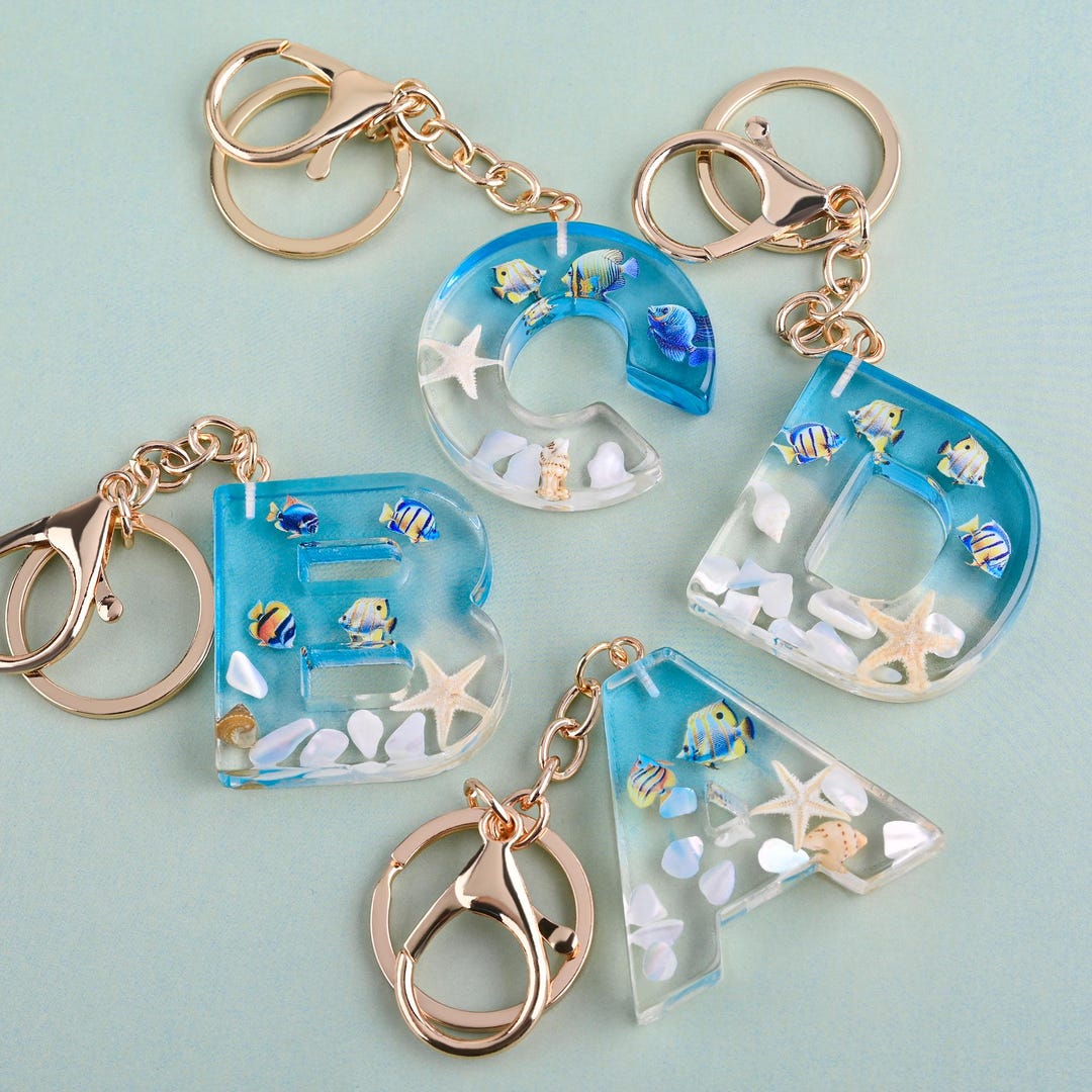 Essentials Keychain Initial Keychain, Personalized Ocean Initial Resin Keychain, Ocean ...