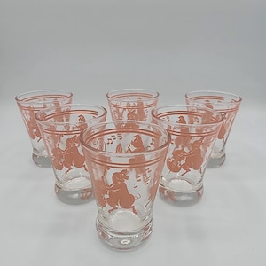 Vintage HAZEL ATLAS Dancing Pink Pig Shot Glasses Set of 6