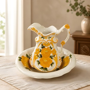 May include: A white ceramic pitcher and matching basin set featuring hand-painted yellow floral motifs with green leaves and decorative yellow scrollwork accents. The pitcher has a scalloped rim and a curved handle, while the basin has a wide rim.