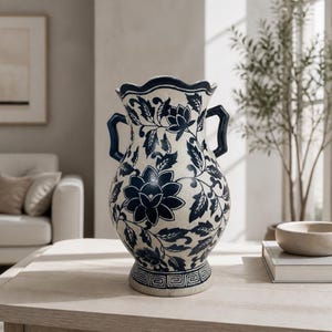 May include: A ceramic vase with a cream-coloured base and dark blue floral patterns. The vase features two side handles, a scalloped rim, and a geometric Greek key design around the base. The surface has a speckled texture throughout the body.
