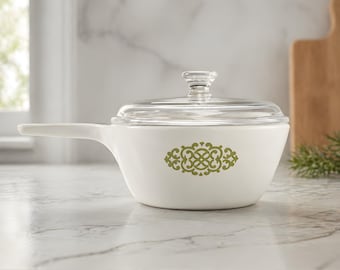 CorningWare P-82-B Green Medallion Shell Oil Promo 1.5 Pint Sauce Pan w/ Glass Lid