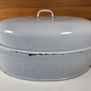Savory Vintage Roasting Pan Large Robin Egg Blue Speckle  Enamelware Roaster