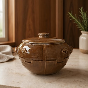 May include: A brown ceramic lidded pot with a rounded shape and decorative geometric patterns. The pot has two handles and a small knob on the lid. The pot is sitting on a light-colored surface.