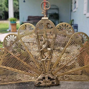 Vintage Brass Unicorn Peacock Fireplace Screen