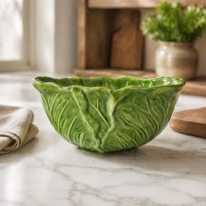 May include: A green ceramic bowl shaped like a cabbage. The bowl has detailed leaf textures and a glossy finish. The bowl is on a marble surface, with a neutral-colored cloth and wooden elements in the background.
