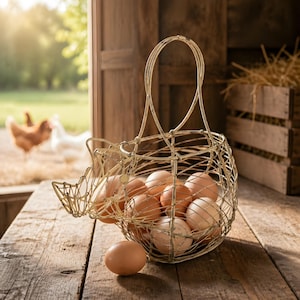 May include: A vintage-style wire egg basket filled with brown eggs sits on a weathered wooden surface. The basket has a handle and a unique shape. Chickens are visible in the background, suggesting a farm setting. The basket is approximately 12 inches long.