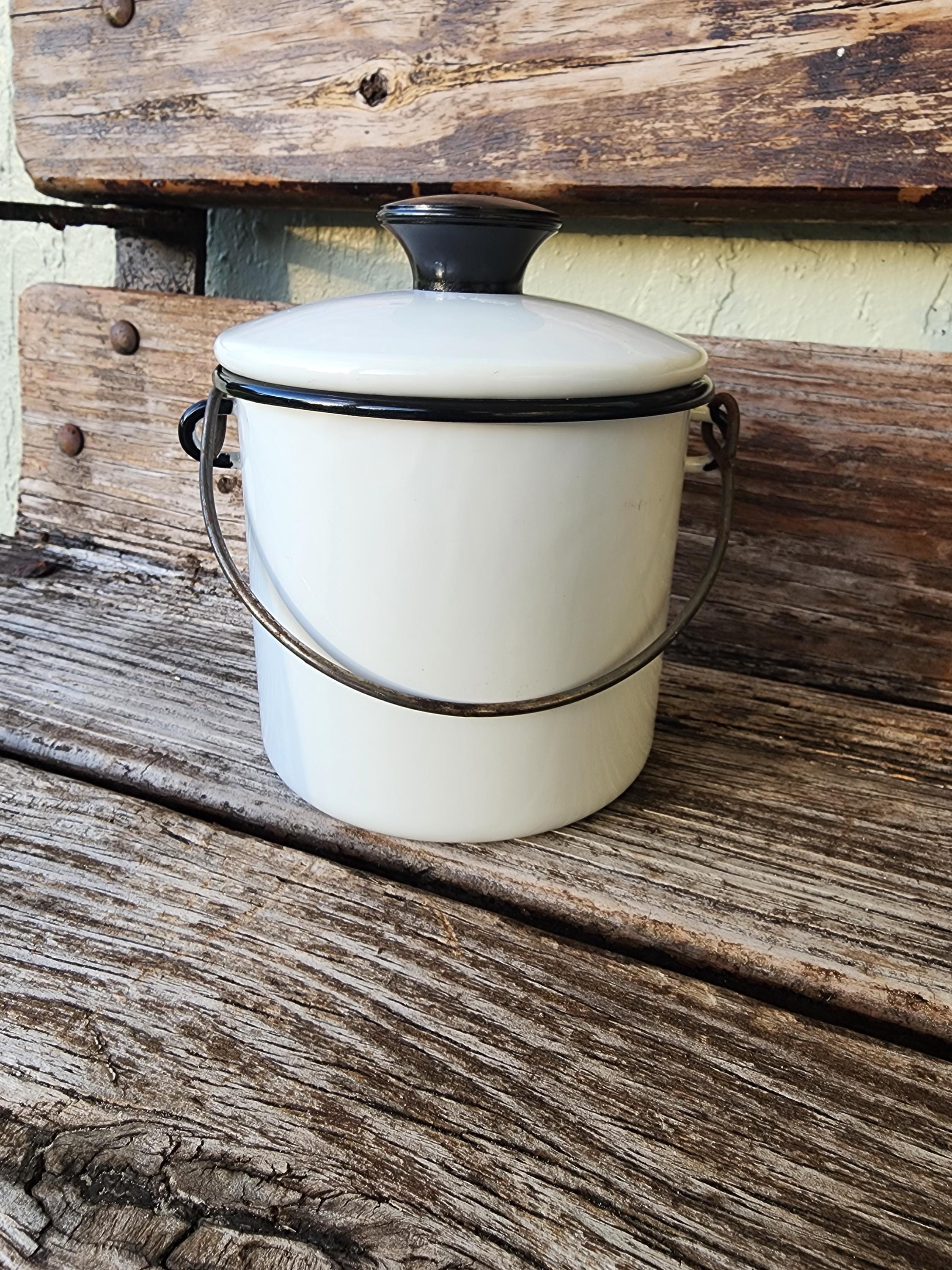 White Black Enamelware Bale Handle Lid Container Canister Pot Vintage