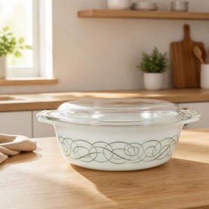 May include: A round white glass casserole dish with a clear glass lid. The exterior of the dish features a repeating dark green swirling line pattern that encircles the entire base. The dish has two integrated handles on opposite sides.