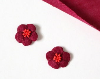 Flower Bud Earrings, Vintage Fabric Textile Jewelry, Stud Earrings for Sensitive Ears Nickel Free Hypoallergenic Titanium Earrings Maroon