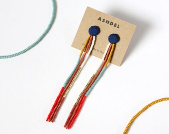 Line Drop Stud Earrings, Vintage Fabric Textile Jewelry, Color Block Beaded Earrings for Sensitive Ears Nickel Free Titanium Hypoallergenic