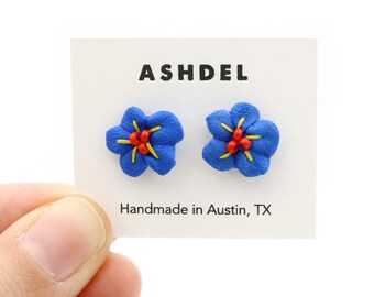 Flower Studs, Blue Vintage Textile Stud Earrings, Blue Flower Stud Earrings, Embroidered Beaded Floral Earrings