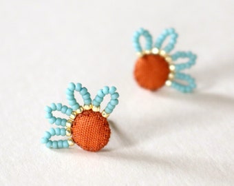 Bloom Flower Earrings, Vintage Fabric Textile Jewelry, Floral Beaded Studs for Sensitive Ears Nickel Free Hypoallergenic Titanium Orange