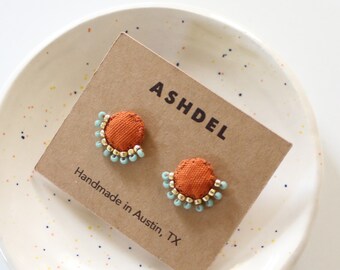 Beaded Stud Earrings, Vintage Fabric Textile Jewelry, Terracotta Hand Sewn Earrings for Sensitive Ears Nickel Free Hypoallergenic Titanium