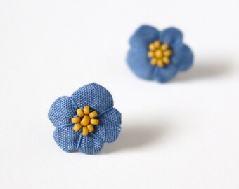 Flower Bud Earrings, Vintage Fabric Textile Jewelry, Blue Floral Earrings for Sensitive Ears Nickel Free Hypoallergenic Titanium Earrings