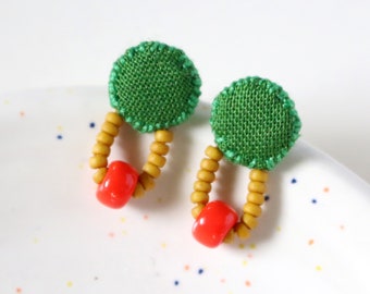 Dot Stud Earrings, Vintage Fabric Textile Jewelry, Green Colorful Beaded Earrings for Sensitive Ears Nickel Free Hypoallergenic Titanium