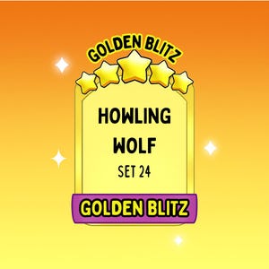 May include: A digital graphic with the text "GOLDEN BLITZ" and "HOWLING WOLF SET 24". The design features a yellow and purple color scheme with star accents. The background is a gradient of orange and yellow.