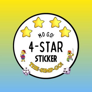 May include: A circular sticker featuring the text MO GO! 4-STAR STICKER THE-SIMP-GO! in black and yellow. The design includes four yellow stars, two cartoon characters, and two white dice with black dots, all set against a white background.