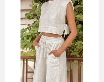 Women Holiday Linen Pant Set Crop Tops Solid Outfits 2 Two Piece Matching Set For Women