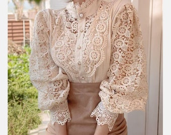 Women Chiffon Button Turtleneck Shirt Chic Elegant Floral Lace Fluffy Long Sleeve Top Fashion Hollow Oversize White Blouse