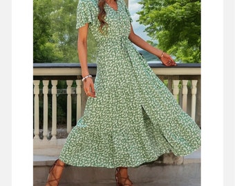 Vintage Floral Dresses for Women Elegant Loose New Slit Dress Summer Beach Holiday Leisure Long Dresses High Waist Print