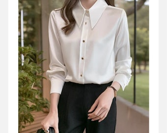 Langarm Büro Dame Weiße Bluse Shirt Tops Frauen Drehen Unten Kragen Bluse Frauen Blusas Mujer De Moda