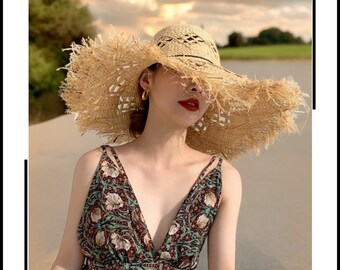 Cappelli da sole estivi in rafia per donna Cappello di paglia per le vacanze Panama Ladies UPF Cappello floscio beige da viaggio accessori da spiaggia