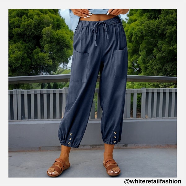 Women Cotton Linen Pants Solid Color Elastic Waist Loose Straight Trousers Female Harajuku High Waist Wide Leg Pants