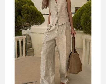 Linen Cotton Chic Vest ＆ Pants Suit Two-Piece Set Office Ladies Summer Chic 2 Piece Sets Womens Outfits