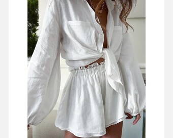 Women Spring Summer Bohemian Shorts Sets Solid White Loose Fit Outfits Blouse Suit 2 Two Piece Set For Women