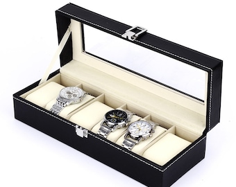 6 Slot Watch Storage Box - Watch Box Organiser Black Wooden Watch Display Organiser Storage Box